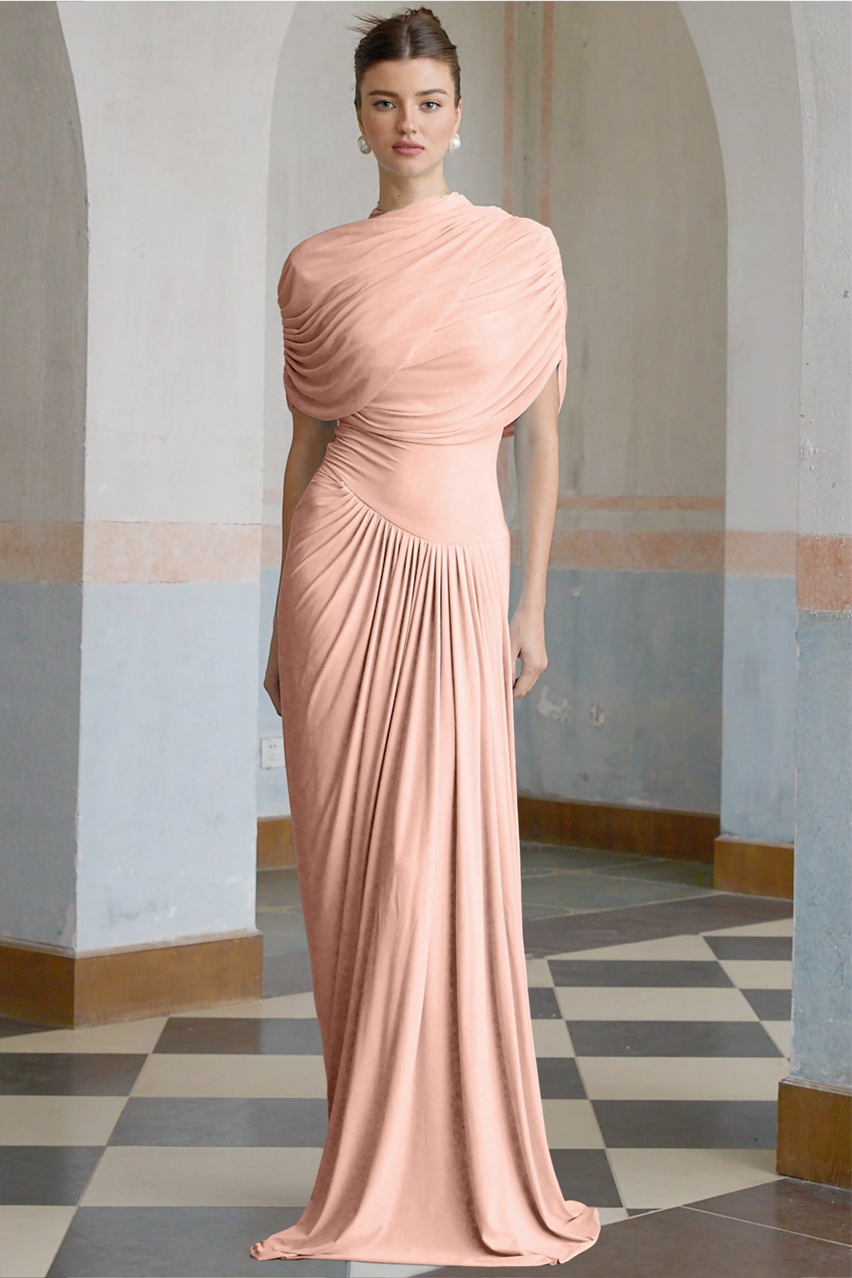 Catherine asymmetrical pleated maxi dress in Pink