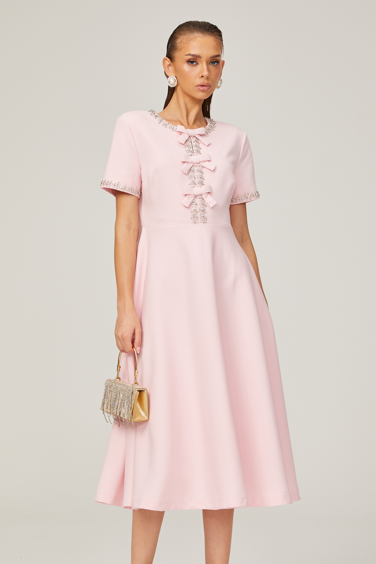 Cassi crystal-accented pink bow midi dress