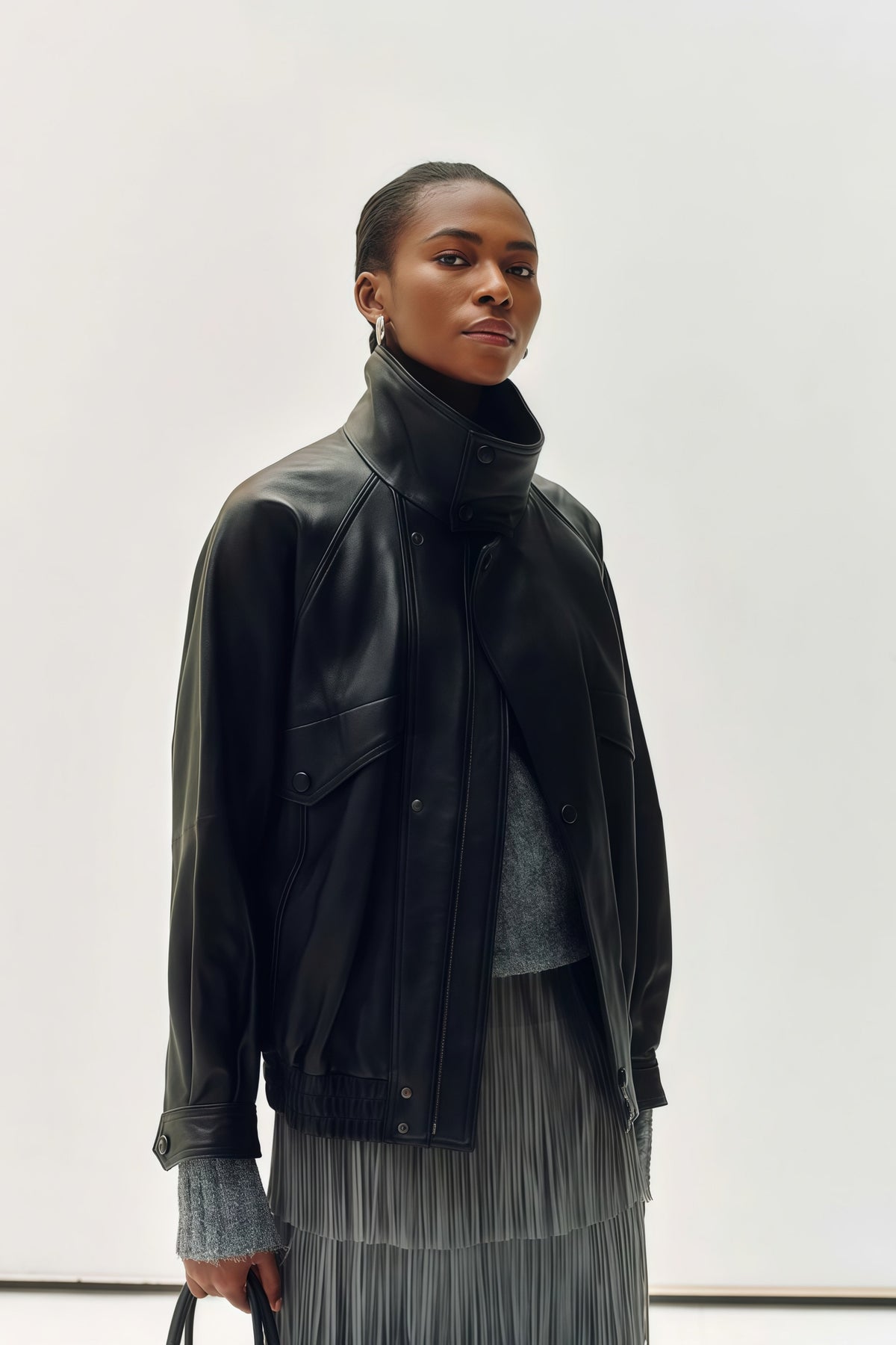Fawn Black Stand Collar Leather Jacket