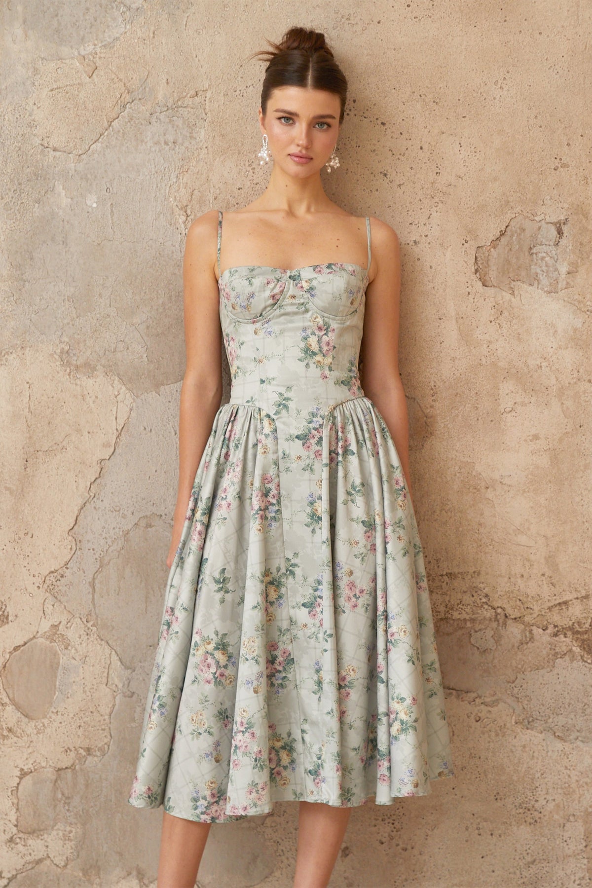 Prunelle sage-green floral-print shirred midi dress (Final Sale-US Only)