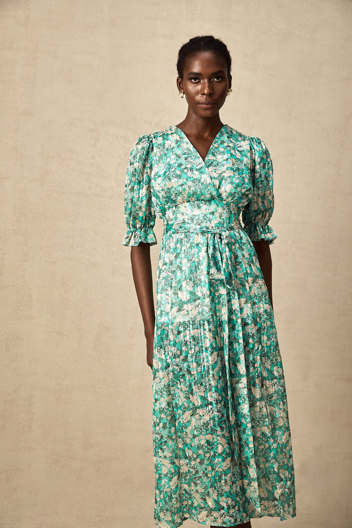 Alisa green floral-print high-slit midi dress