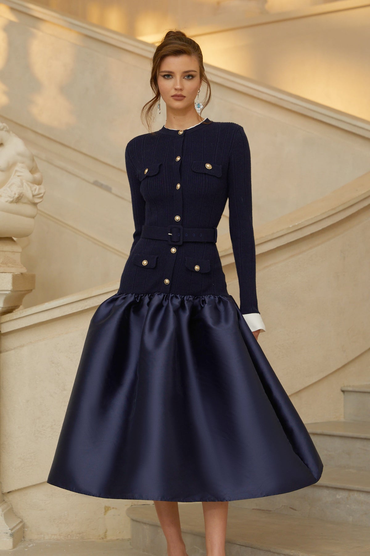 Fern Navy Blue Satin Panel Knit Midi Dress (Final Sale-US Only)