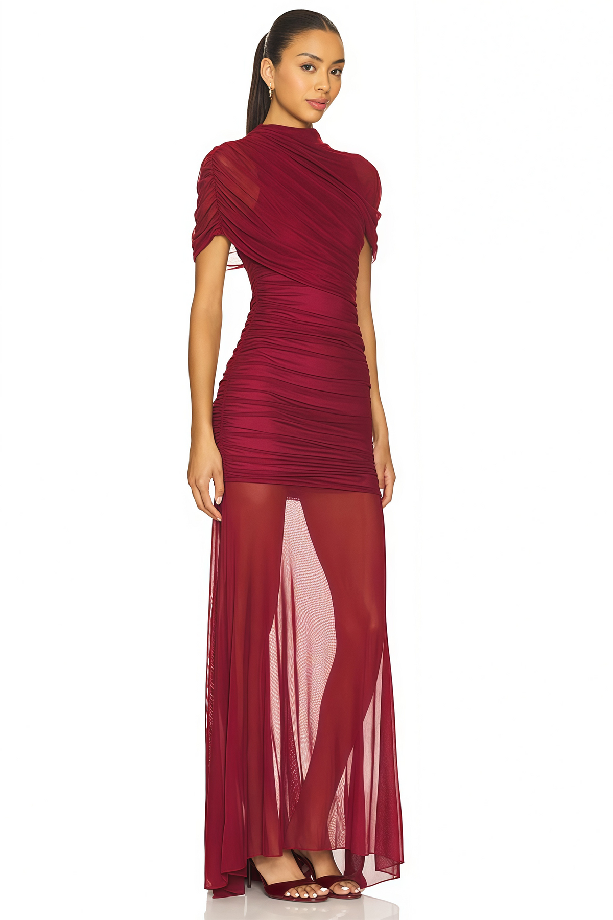 Sylphe Red Asymmetrical Ruched Mesh Maxi Dress