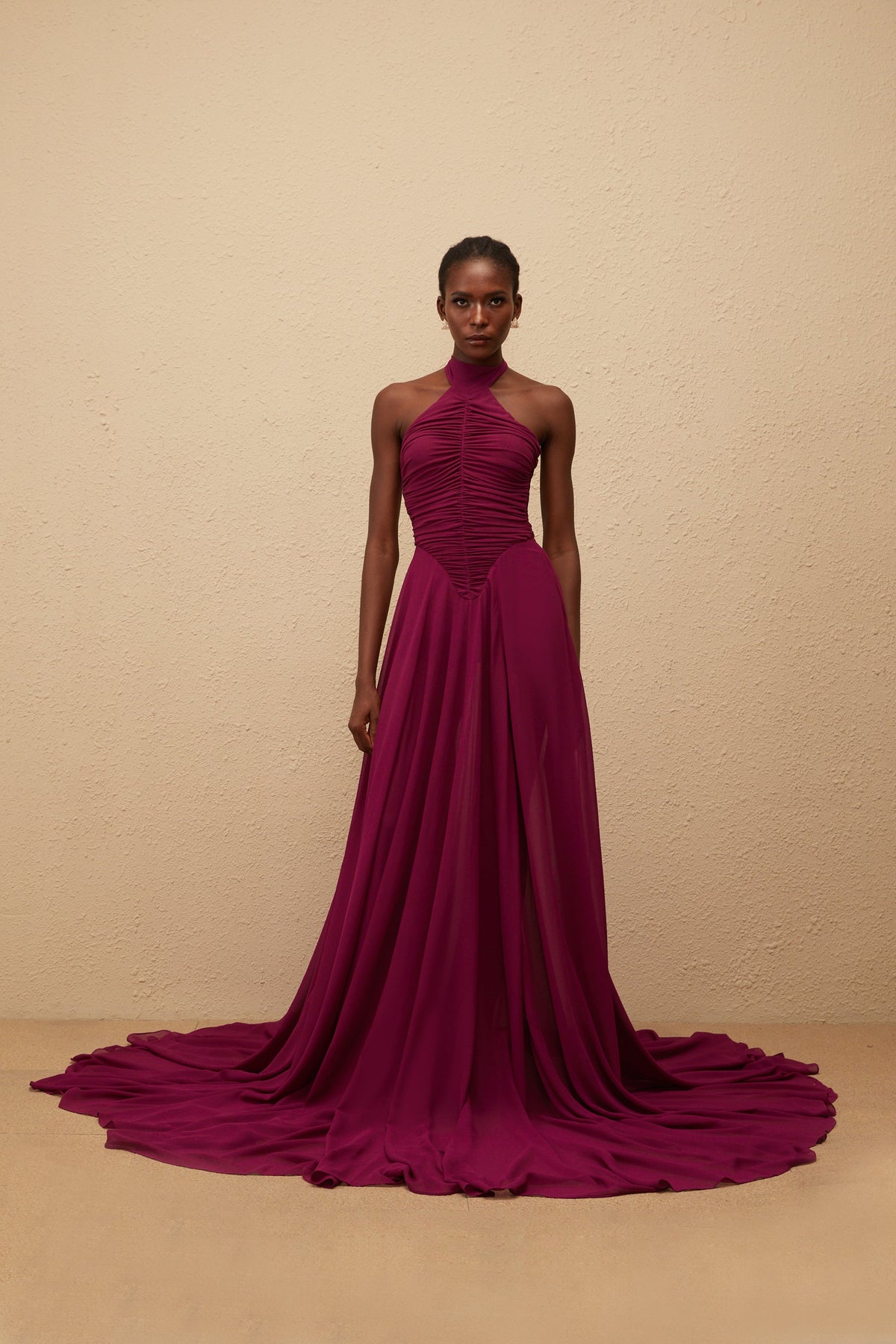 Kerstin Purple Train Design Ruched Maxi Dress