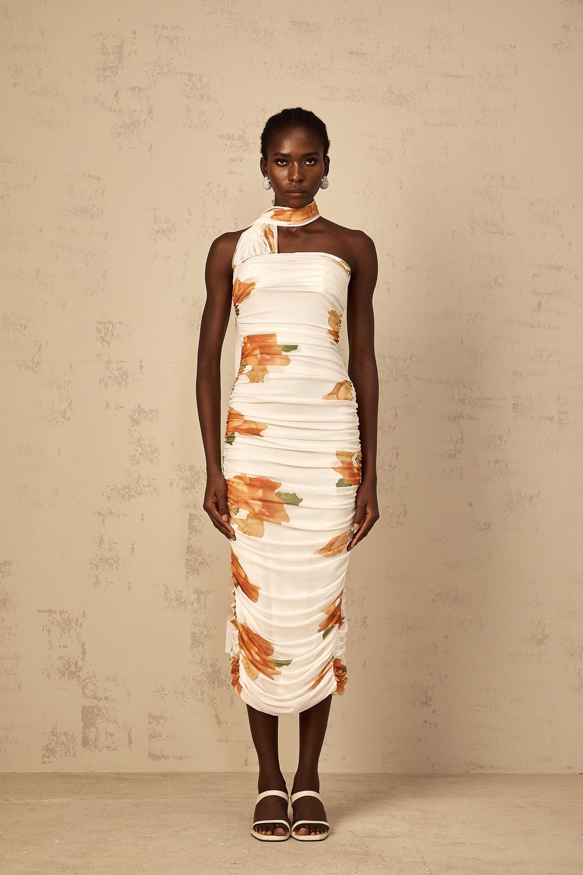 Frida white floral-print ruched tulle midi dress