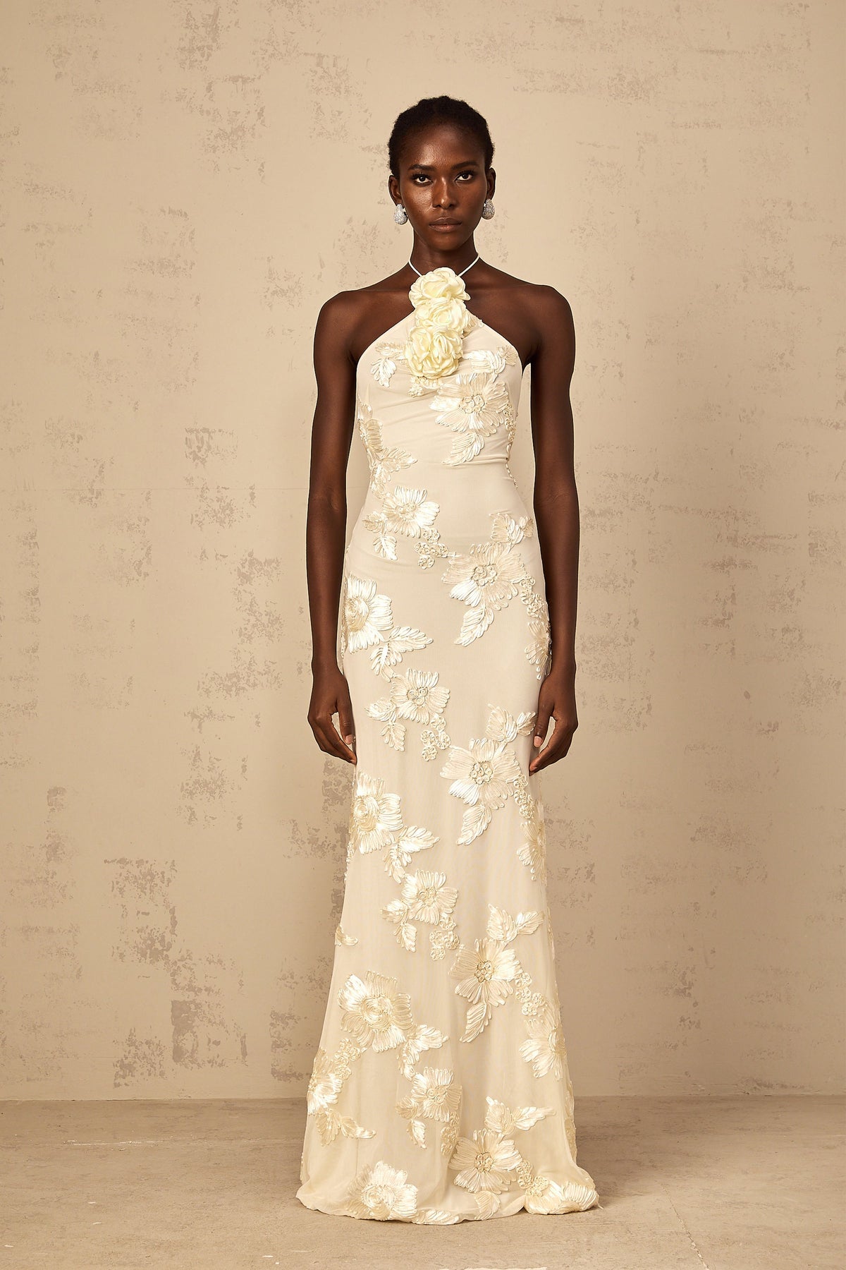 Melanie Neutrals Embroidered Halterneck Maxi Dress (Final Sale-US Only)
