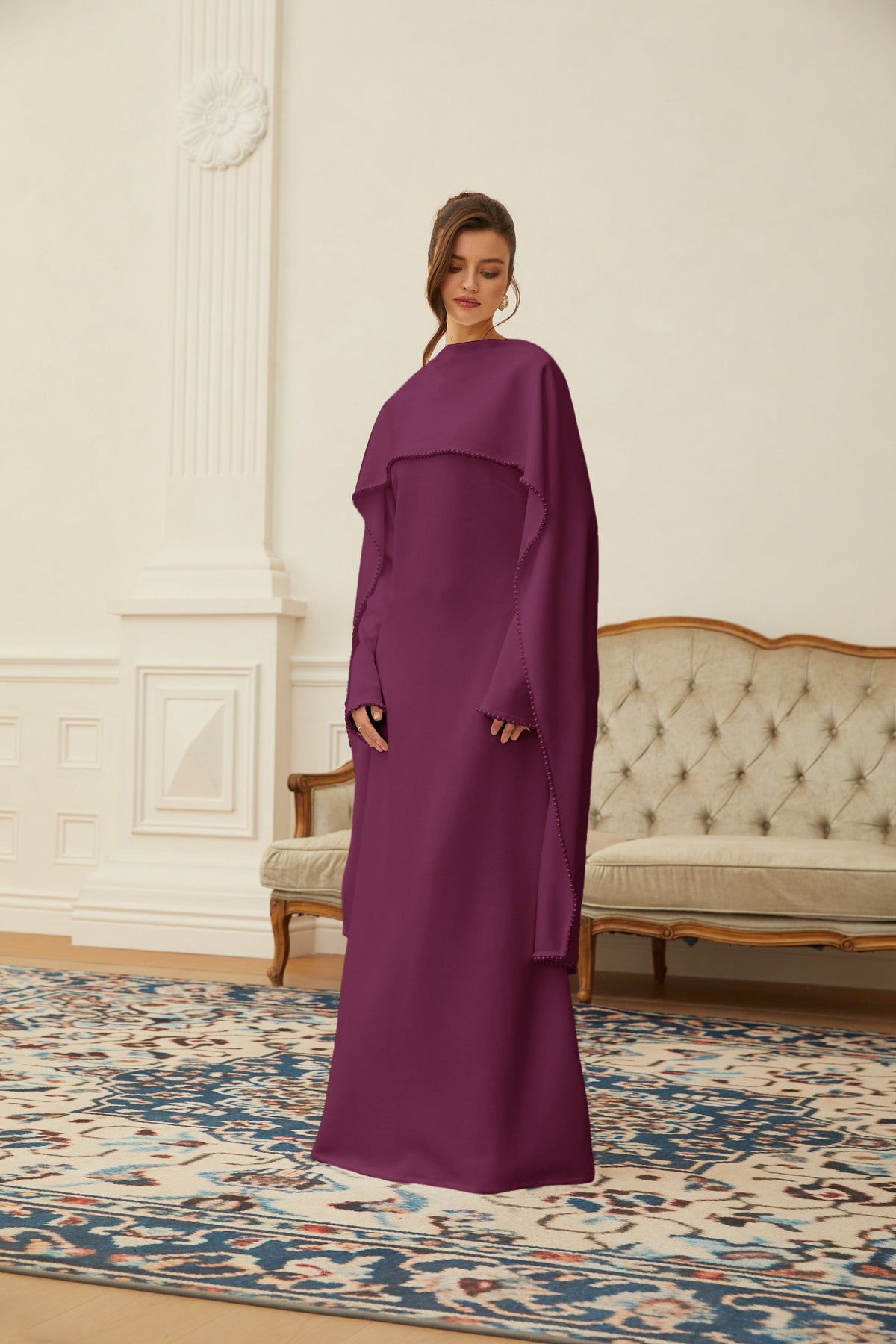 Piroska Purple Pearl Trim Shawl Detail Maxi Dress (Final Sale-US Only)