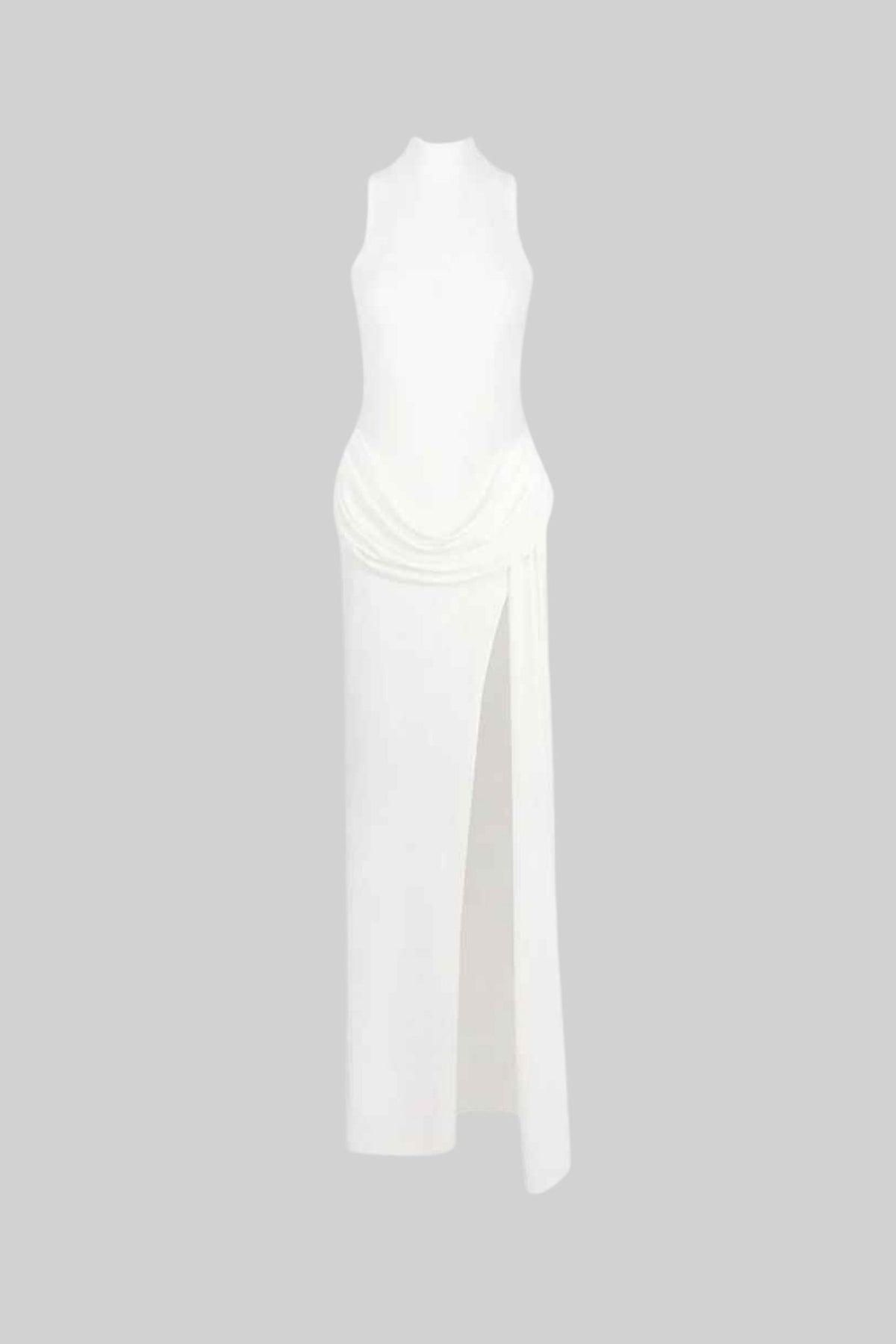 Sleeveless Maxi Dress with Draped Waist and Side Slit - White