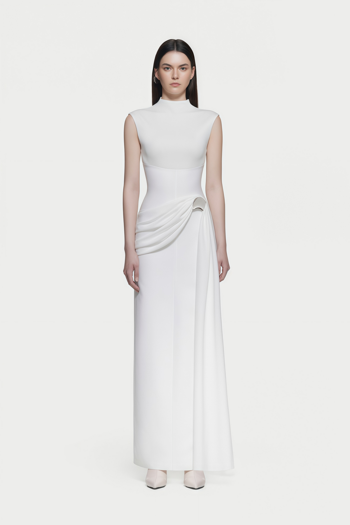Arna White Knit Panel Gathered Maxi Dress