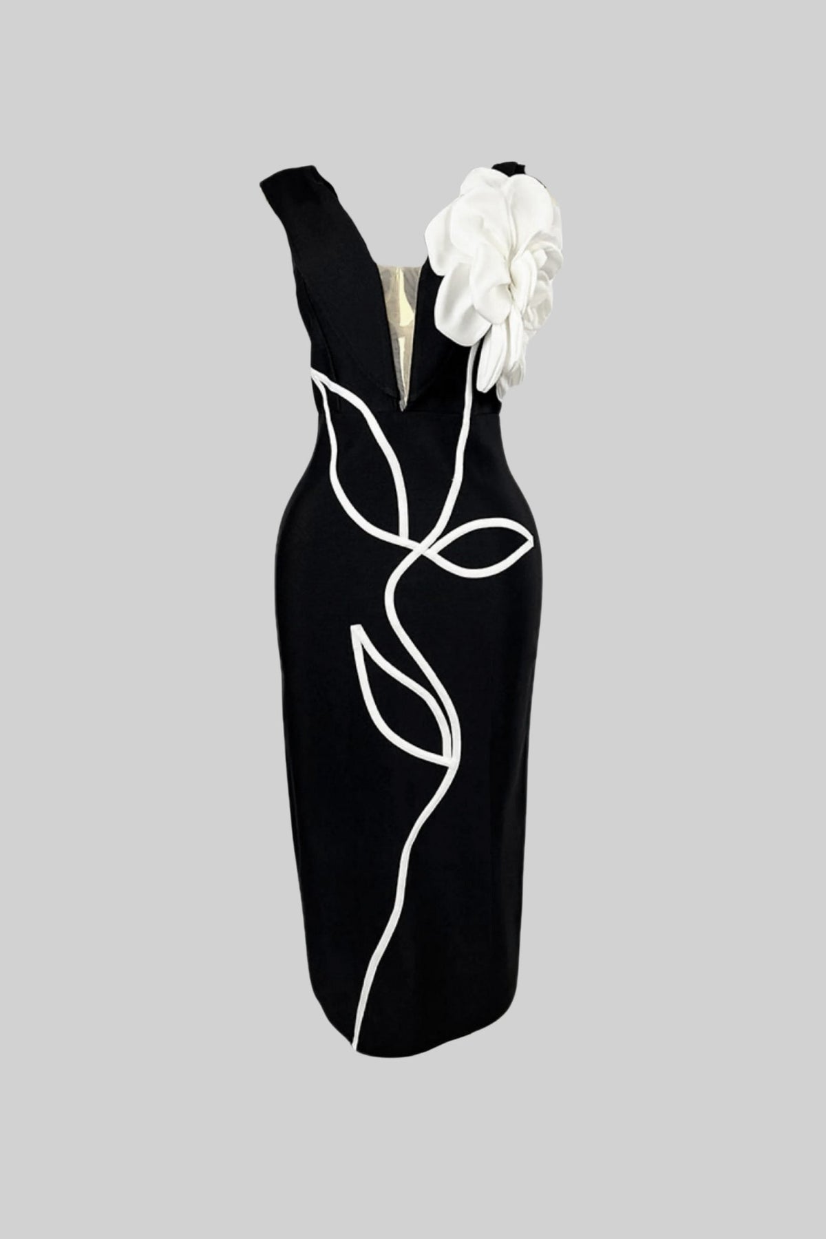Floral Appliqué Midi Dress With Plunging Neckline – Black & White