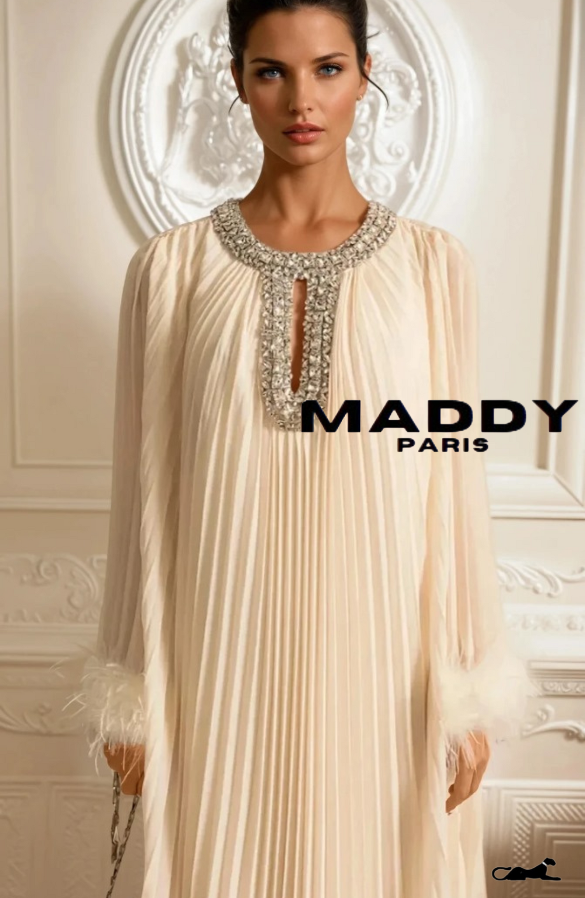 LAMISS Pleated Maxi Dress With Feathered Cuffs And Sparkling Neckline - Ivoire