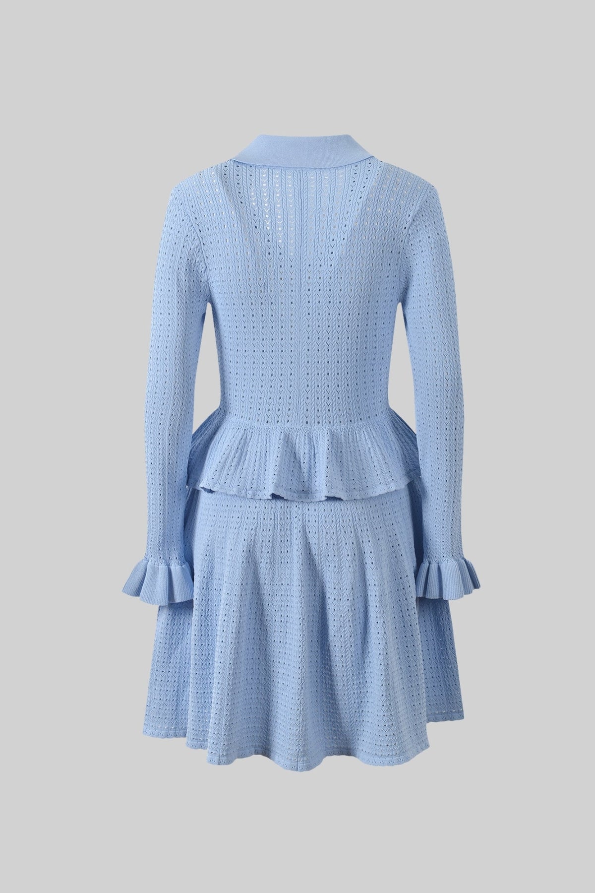 Knit Mini Dress with Peplum Waist and Gold Button Detail - Light Blue