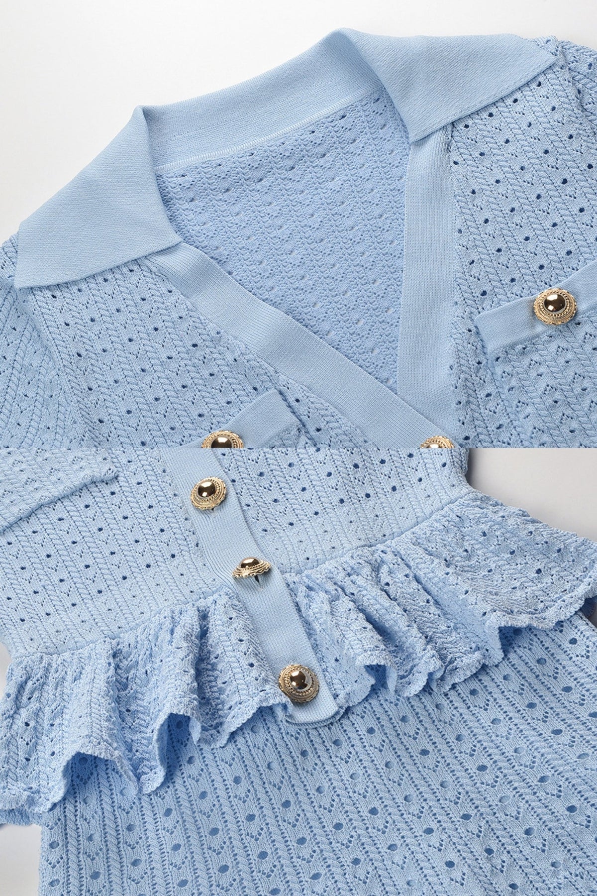 Knit Mini Dress with Peplum Waist and Gold Button Detail - Light Blue