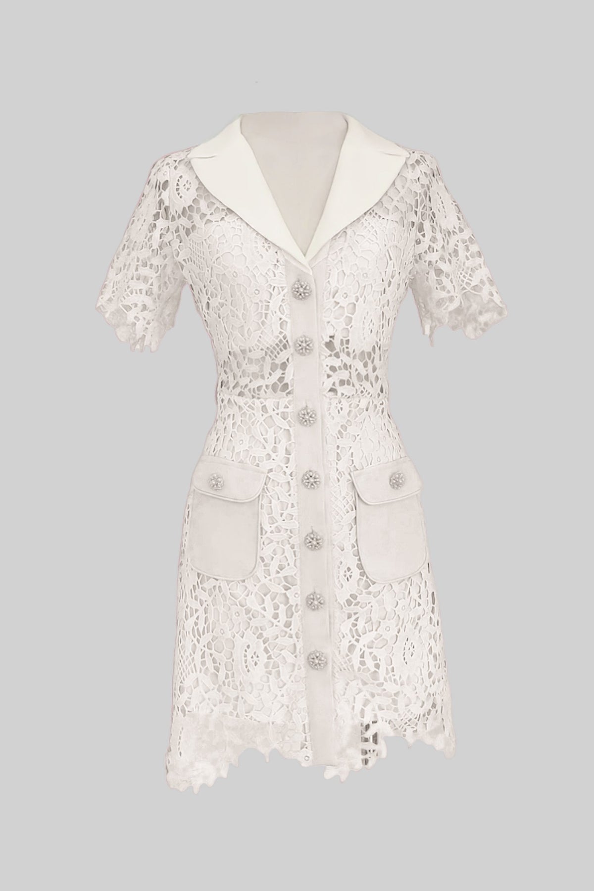 Lace Mini Dress with Contrast Collar and Jewel Buttons - Ivoire