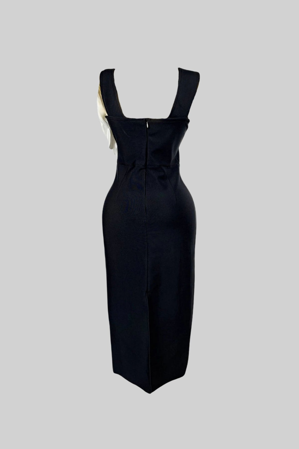 Floral Appliqué Midi Dress With Plunging Neckline – Black & White