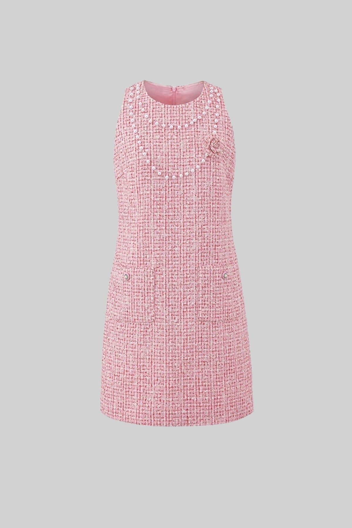 Sleeveless Tweed Mini Dress with Pearl Embellishments - Pink