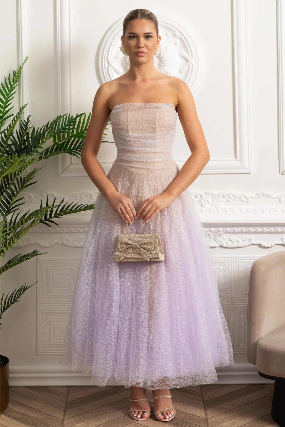Strapless A-Line Midi Dress With Shimmery Textured Overlay - Lilac Gradient