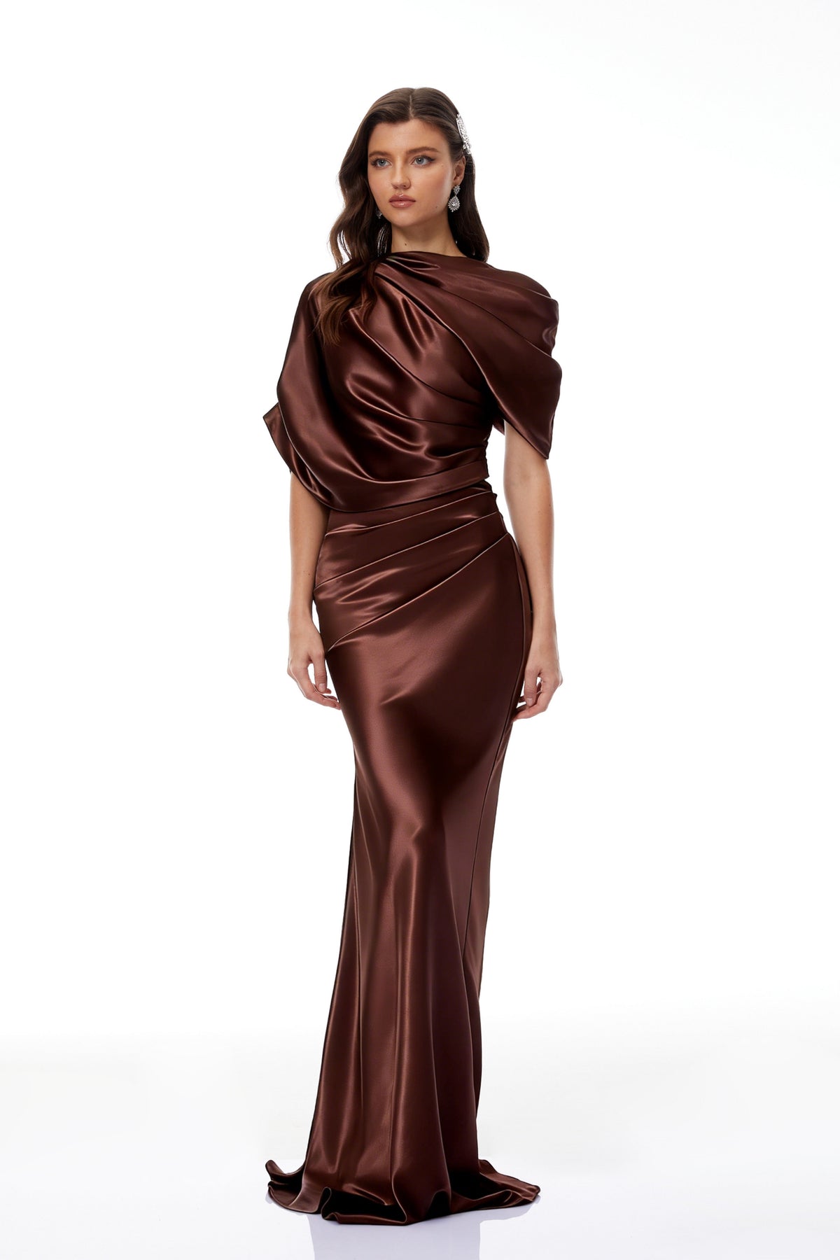 Luisa Brown Asymmetrical Gathered Satin Maxi Dress (Final Sale-US Only)