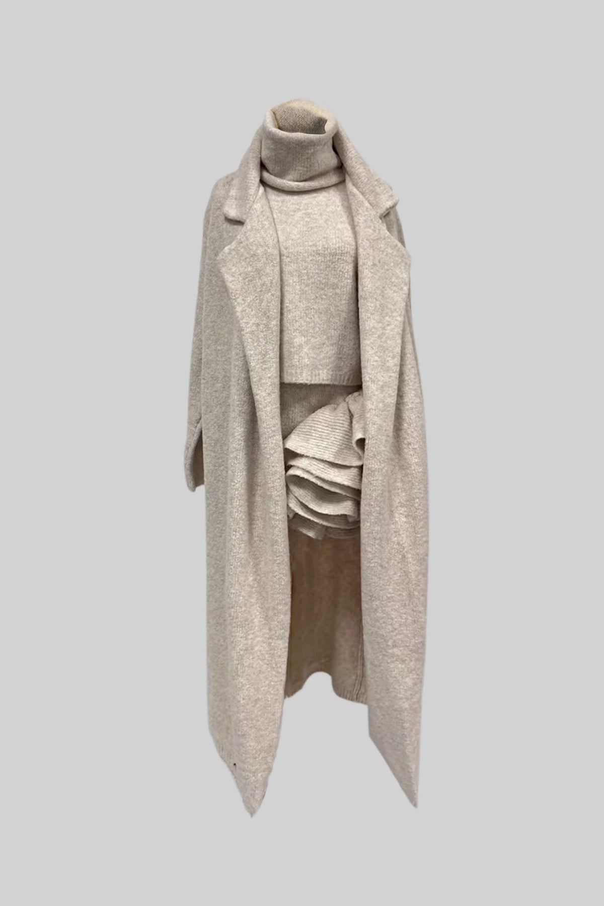 Knitted Three-Piece Set with Sculptural Ruffle Details - Beige
