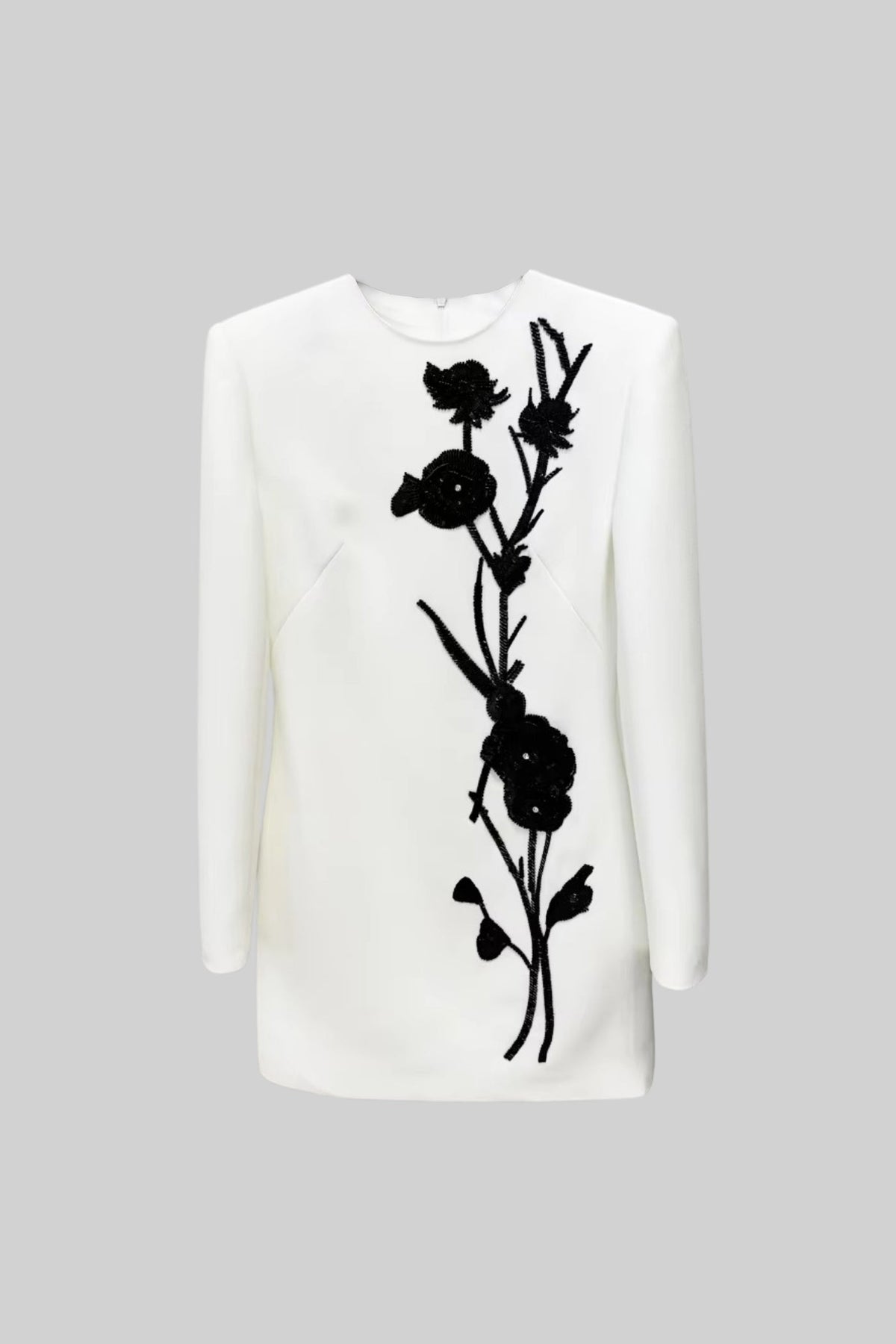 Long Sleeved Mini Dress With Contrasting Floral Embroidery - White