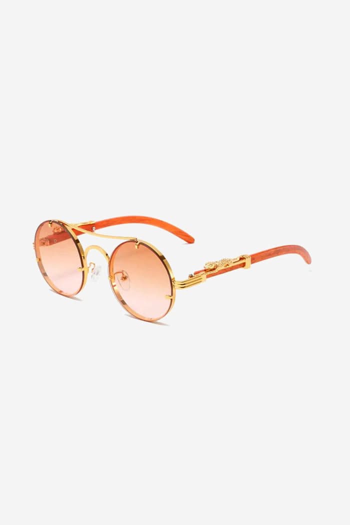 Round Sunglasses with Sculpted Leopard Temples and Double Gold Bridge – Beige
