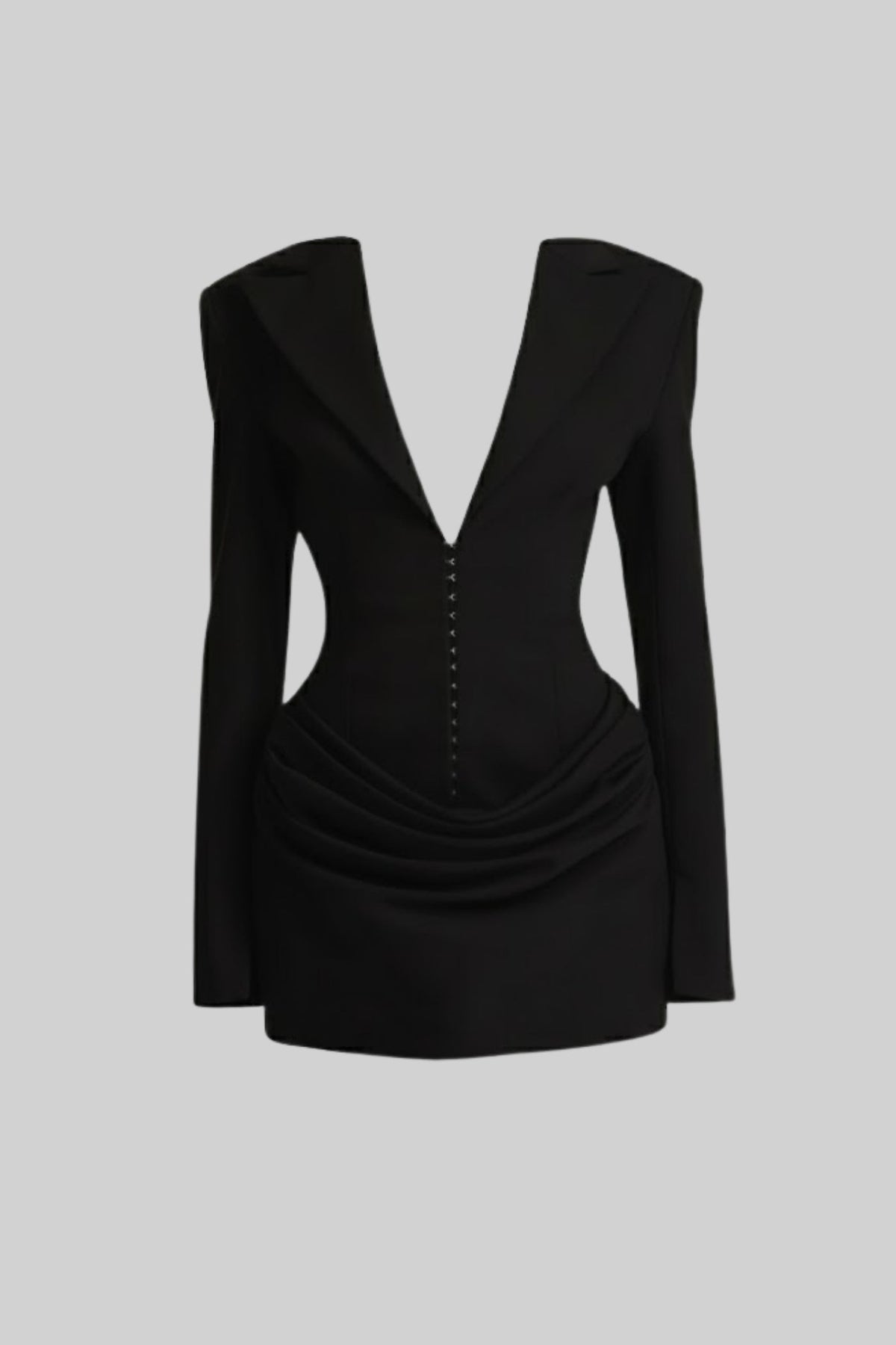 Draped Blazer Mini Dress With Deep Neckline – Black