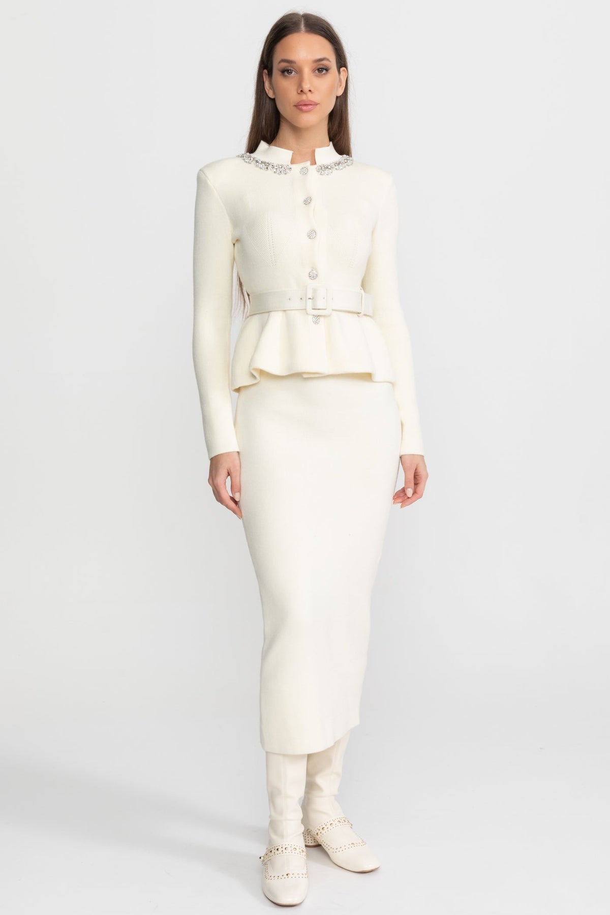 Midi Dress with Peplum Waist and Crystal Collar – Ivoire