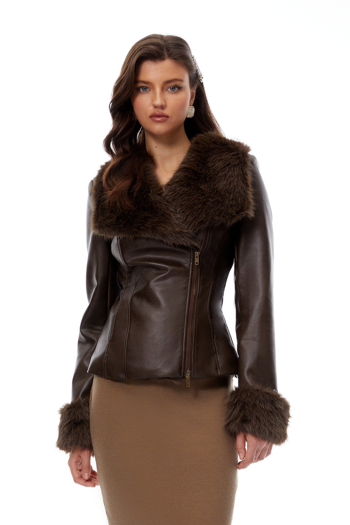 Oakley Brown Fur Panel Leather Biker Jacket