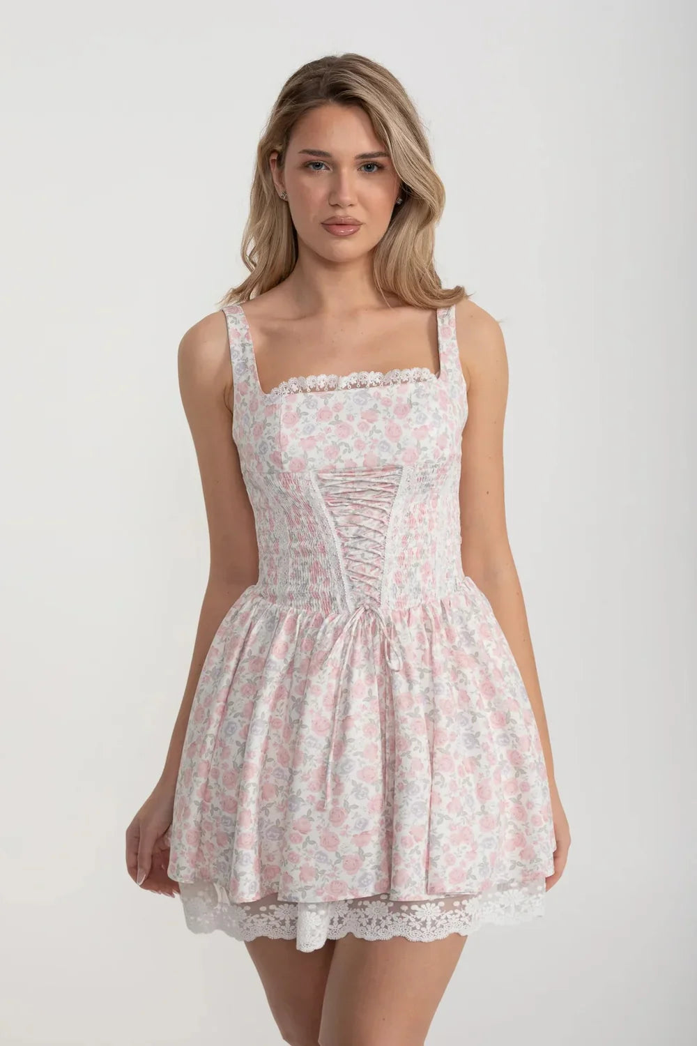 Sleeveless Summer Dress With Pink Floral Pattern And Lace-Up Front Detailing - White