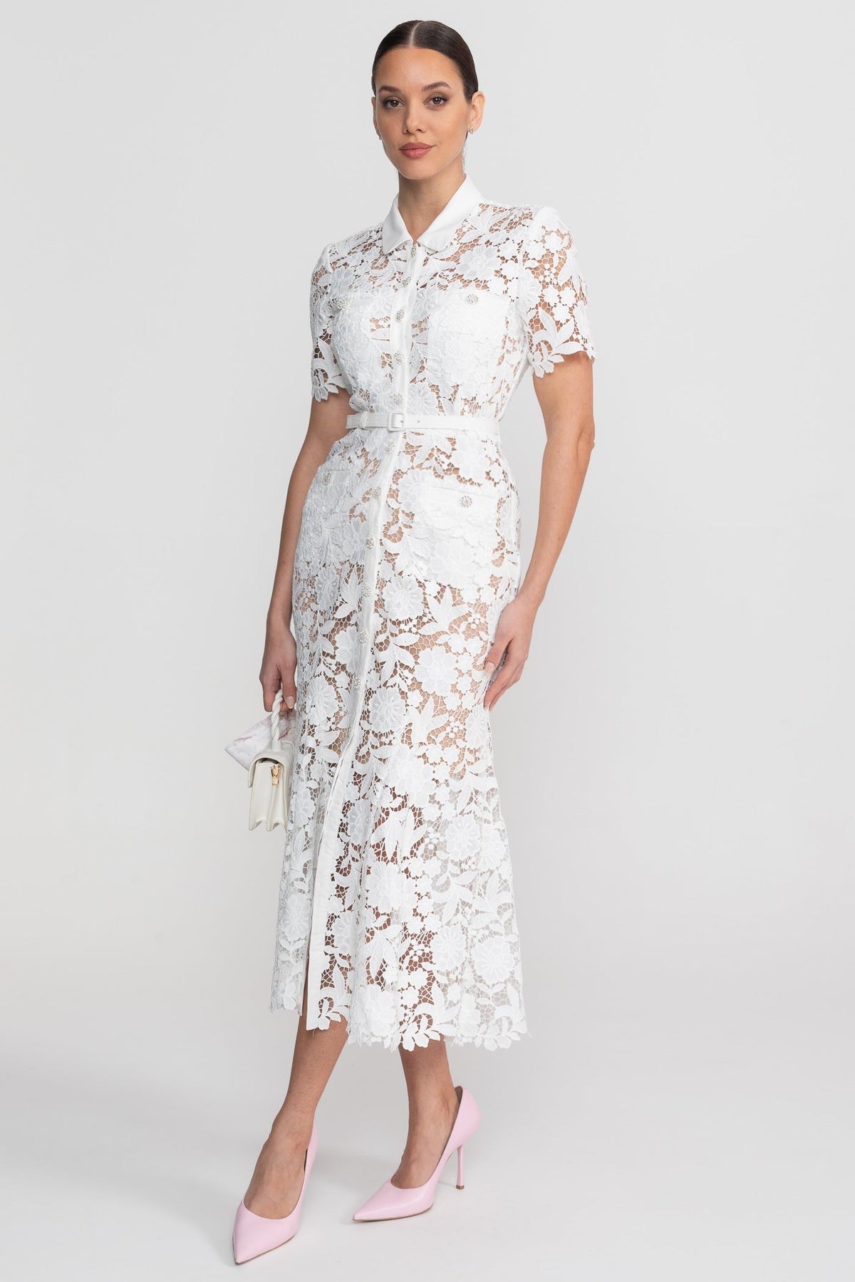 Lace Short Sleeve Midi Dress With Collared Neckline And Belted Waist - White