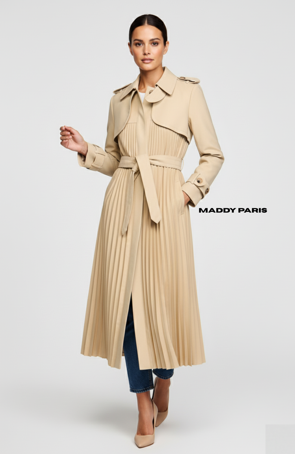 Sandro Ruffle Pleated Trench Coat with Belt - beige