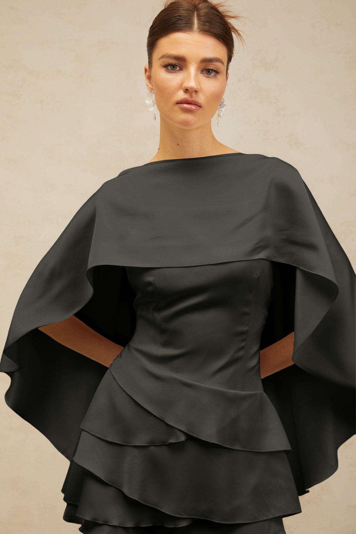 Lyna shawl-panel ruffled satin mini dress in Black