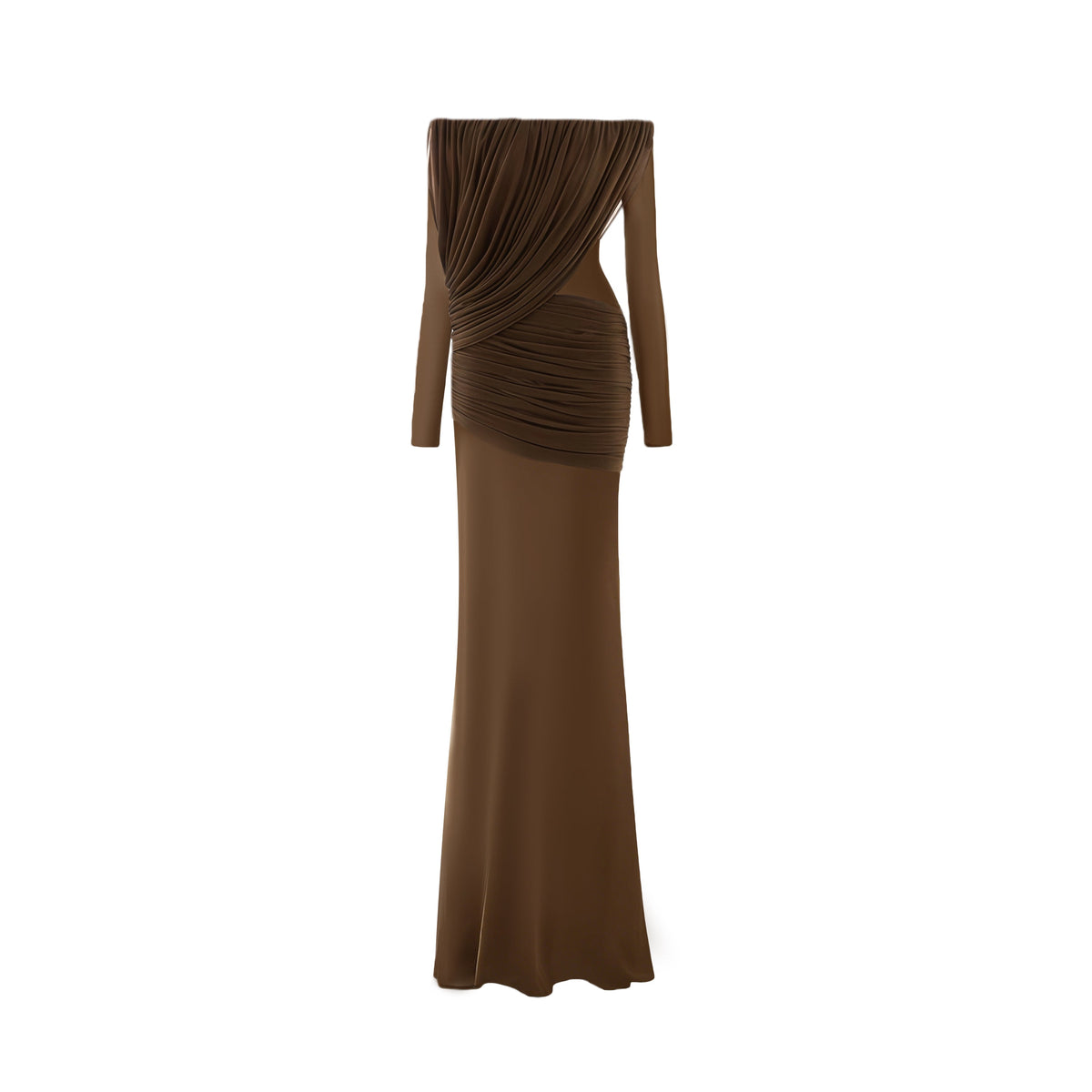 Zenobia Brown Asymmetrical Draped Mesh Maxi Dress (Final Sale-US Only)