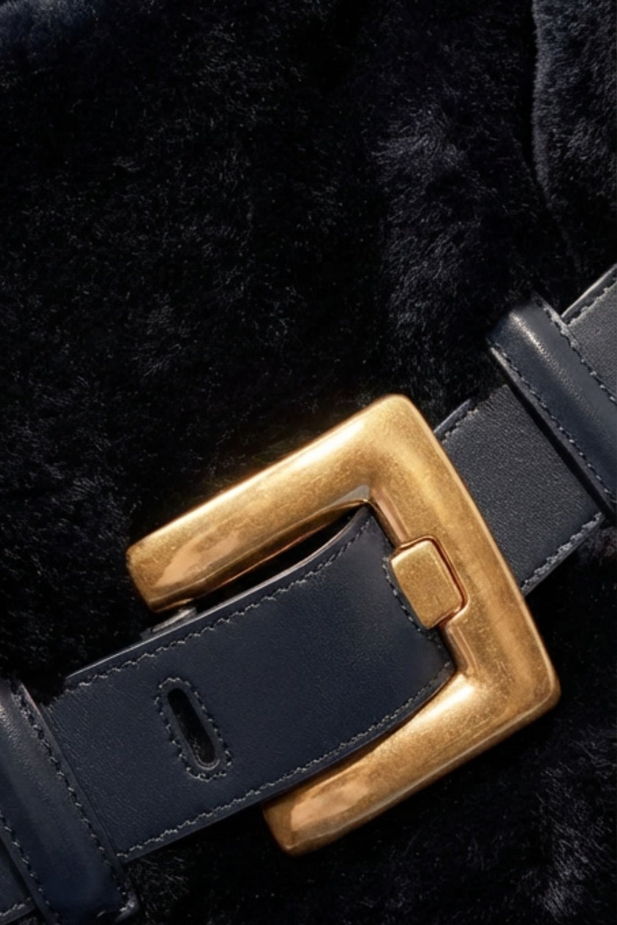 Faux Fur Handbag with Belt Buckle Detail – Black