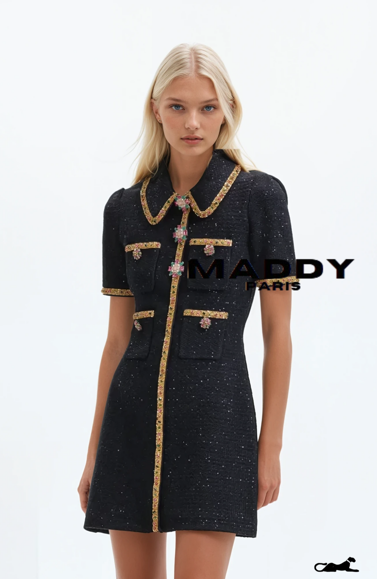 GISELLE TWEED EMBELLISHED MINI DRESS - BLACK