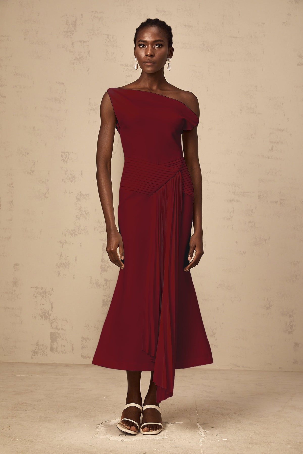 Laurine asymmetrical draped midi dress in Burgundy