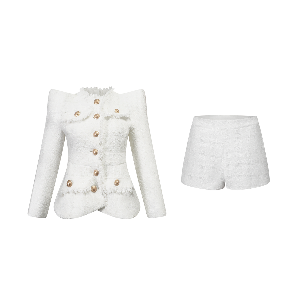 Séraphine White Frayed Tweed Jacket & Shorts Set