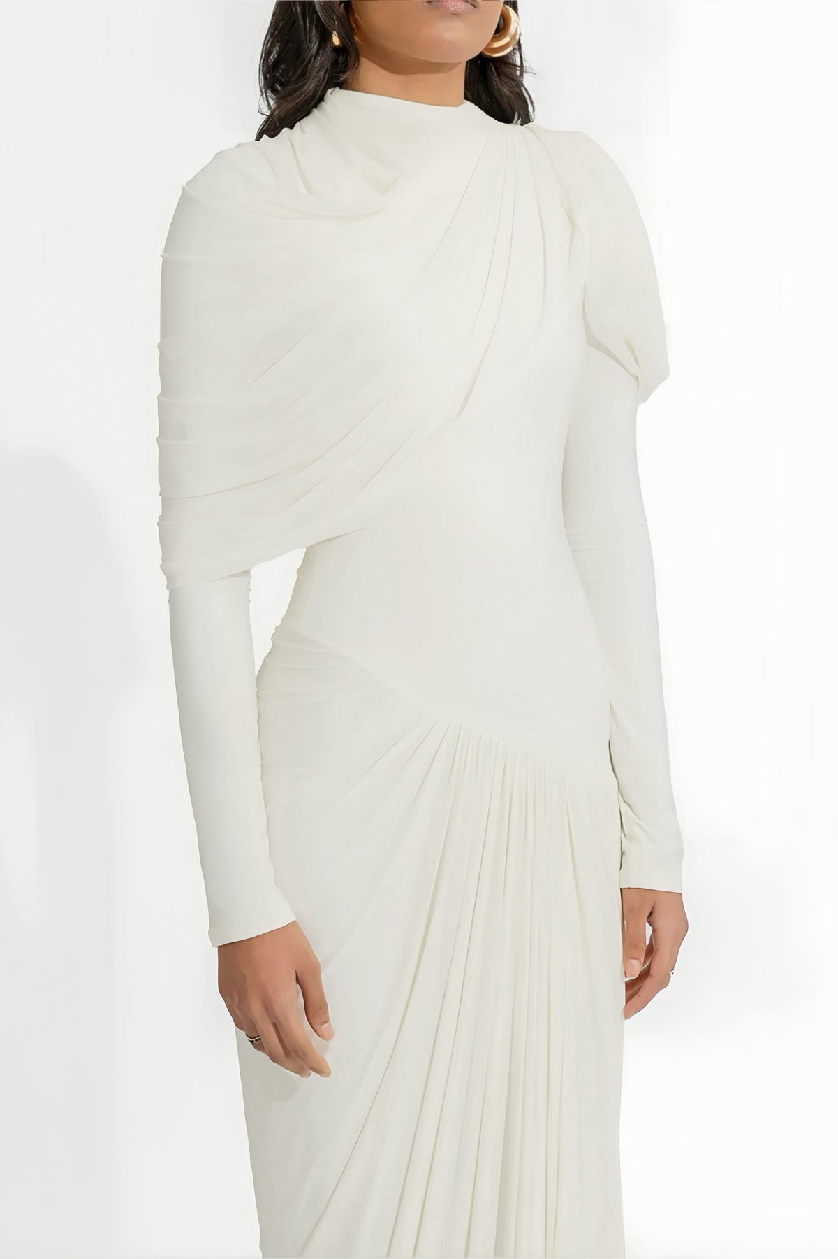 Bronwyn White Draped Pleated Asymmetrical Maxi Dress (Final Sale-US Only)