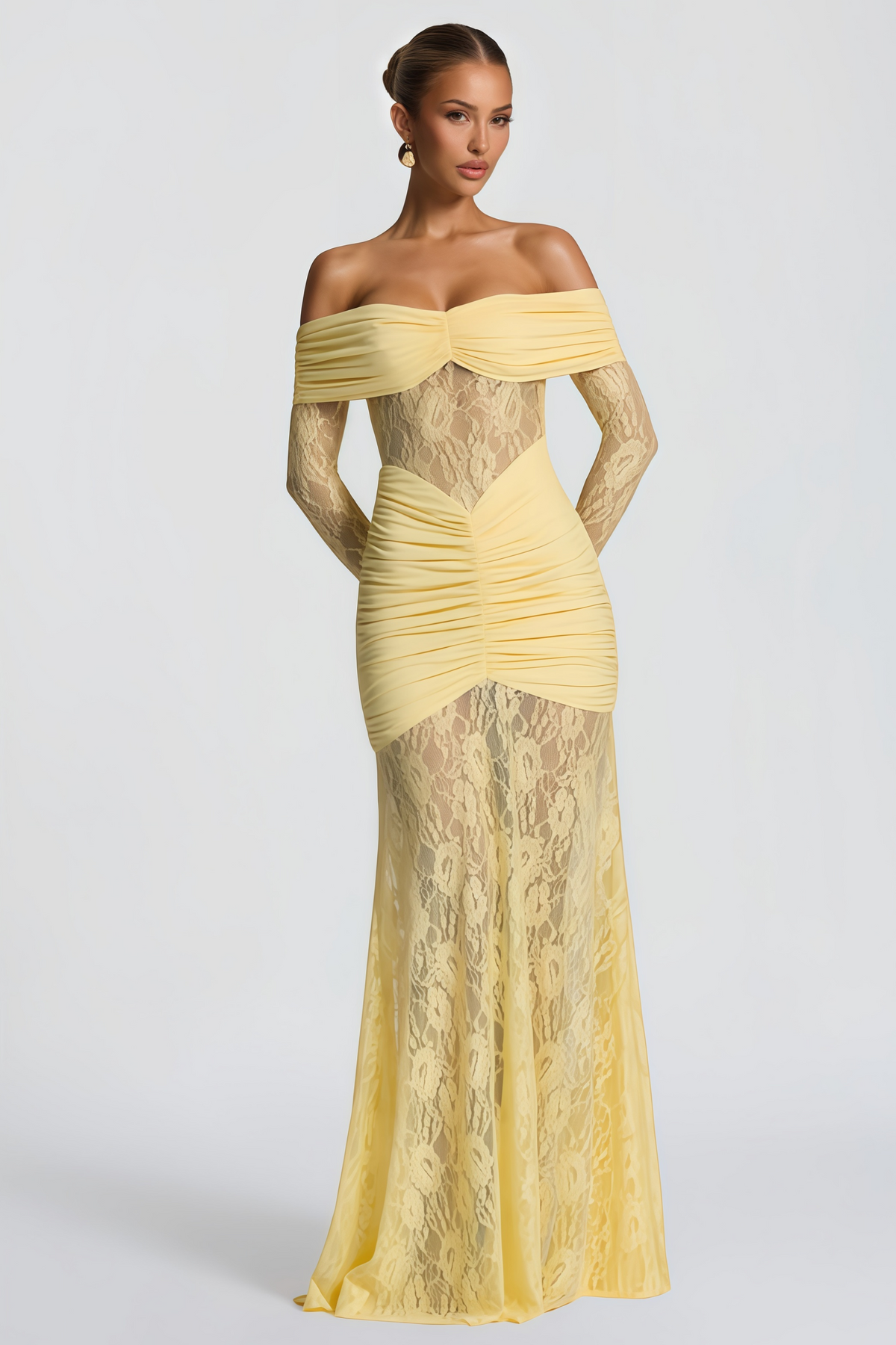 Brigitte Yellow Lace Panel Ruched Maxi Dress