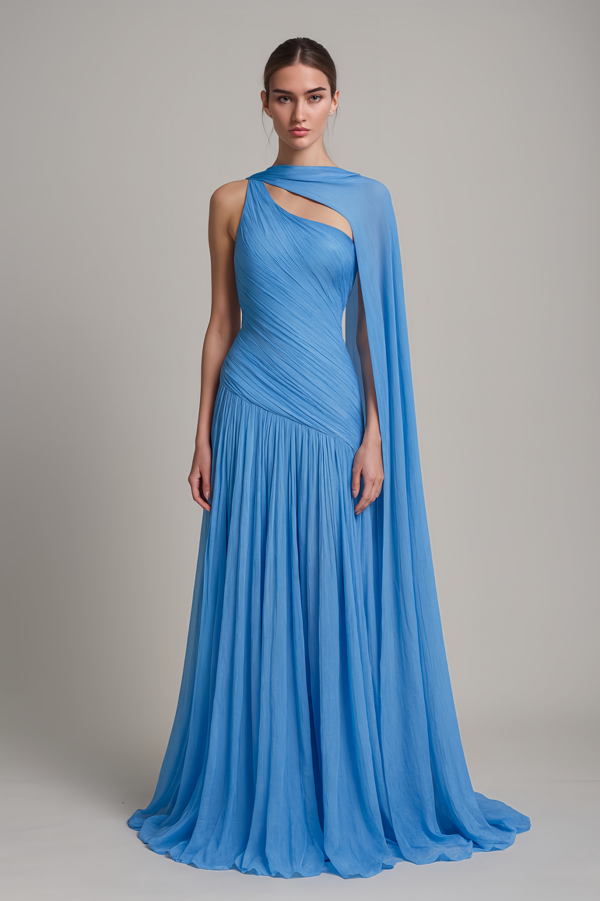 Faustine Blue Cape Design Ruched Maxi Dress