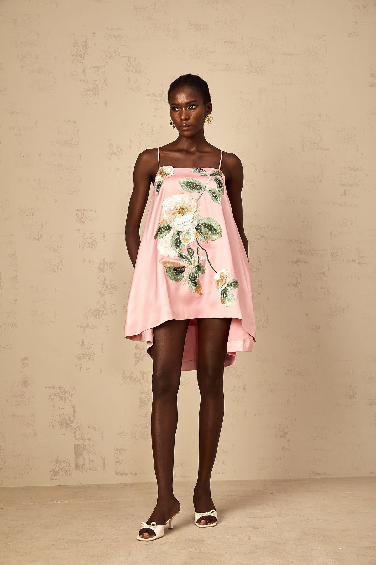 Avril Pink Floral Embroidered Satin Mini Dress