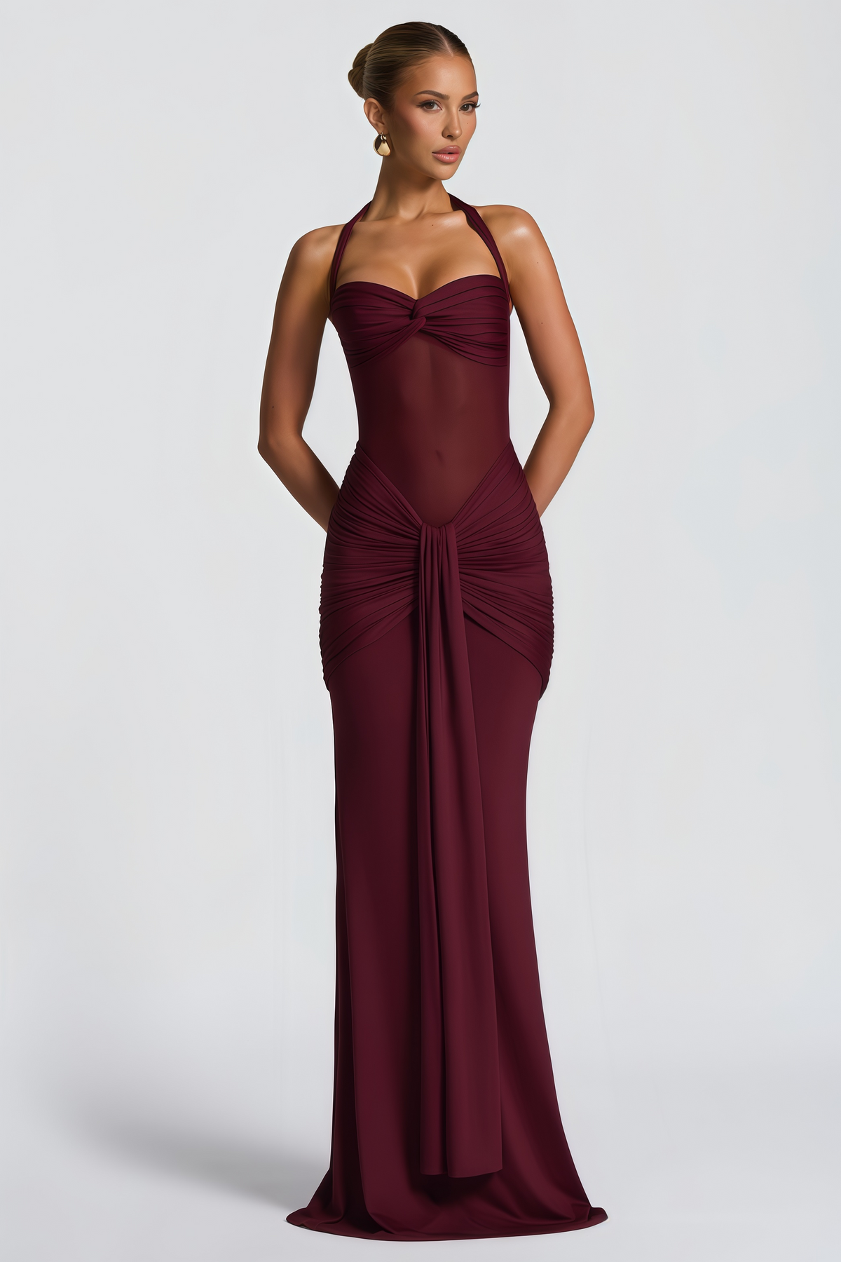 Amandine Burgundy Halterneck Gathered Maxi Dress (Final Sale)