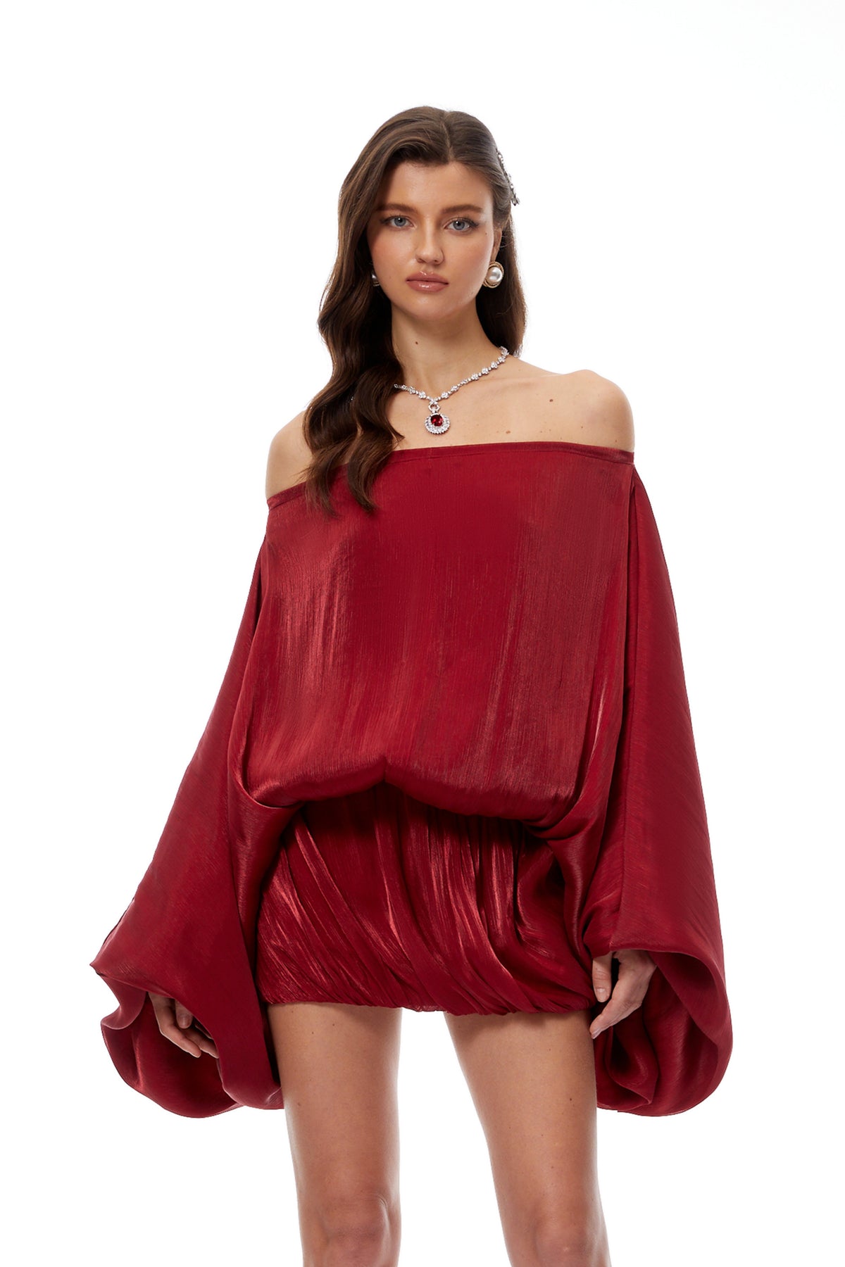 Patrizia Red Off Shoulder Glossy Mini Dress (Final Sale-US Only)