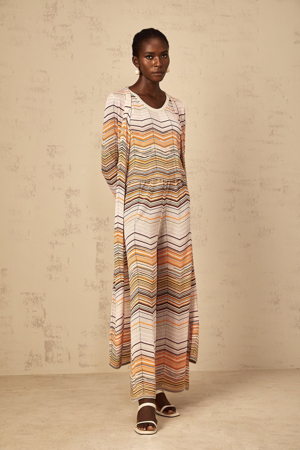 Chloé Neutral Striped Knit Long Cardigan