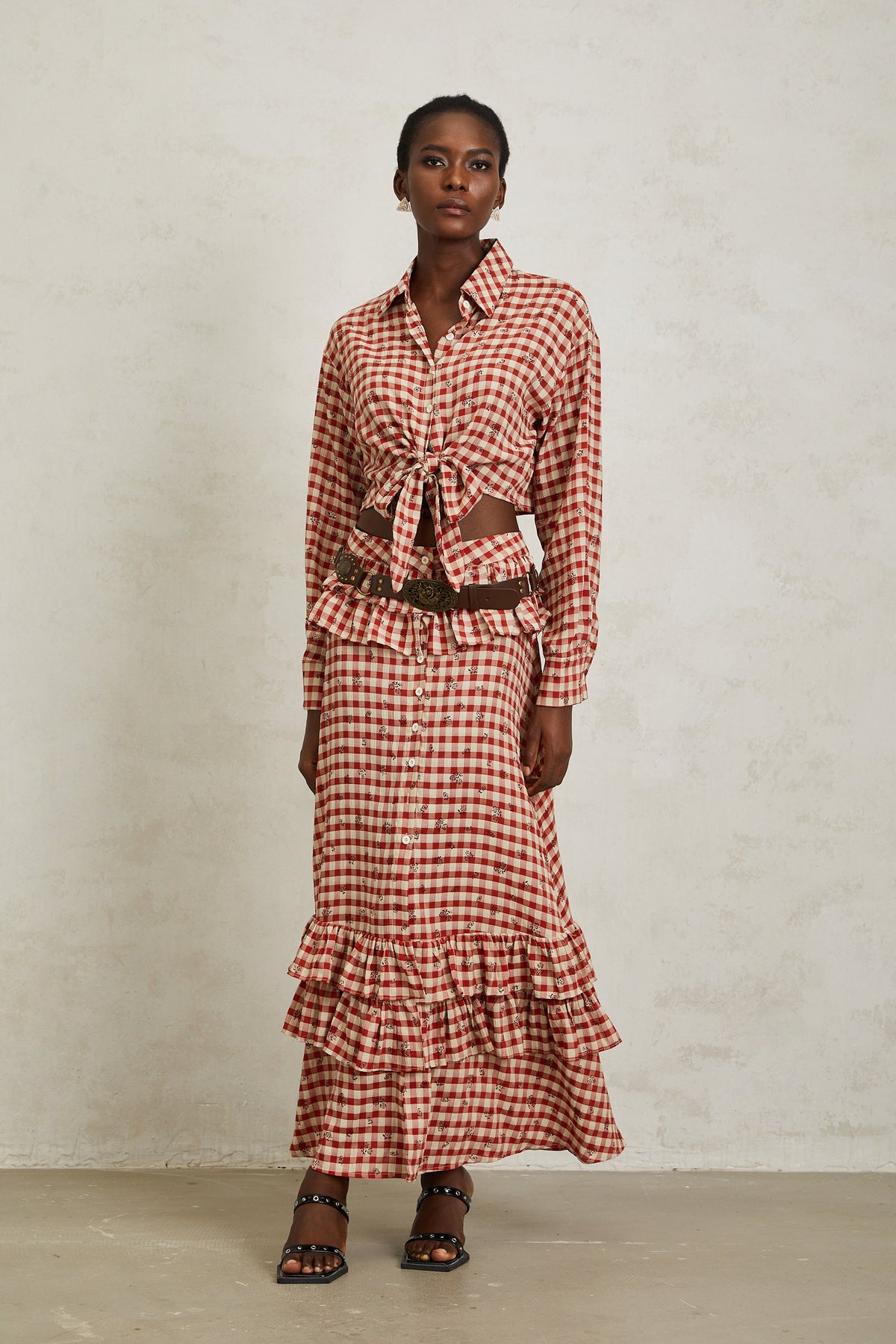 Céline Red Rose Print Plaid Shirt & Skirt Set - red