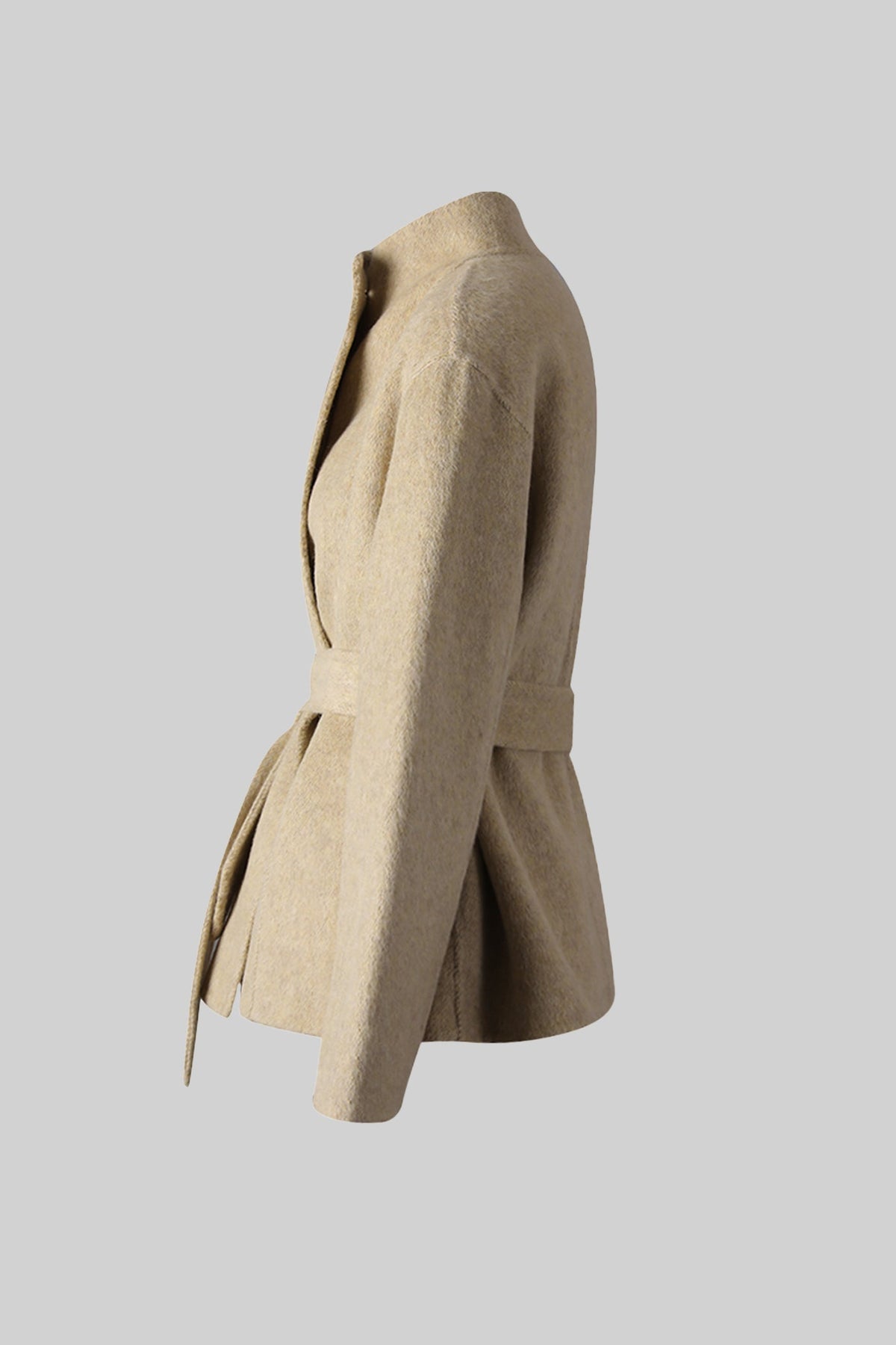Belted Mini Coat With High Neckline - Beige