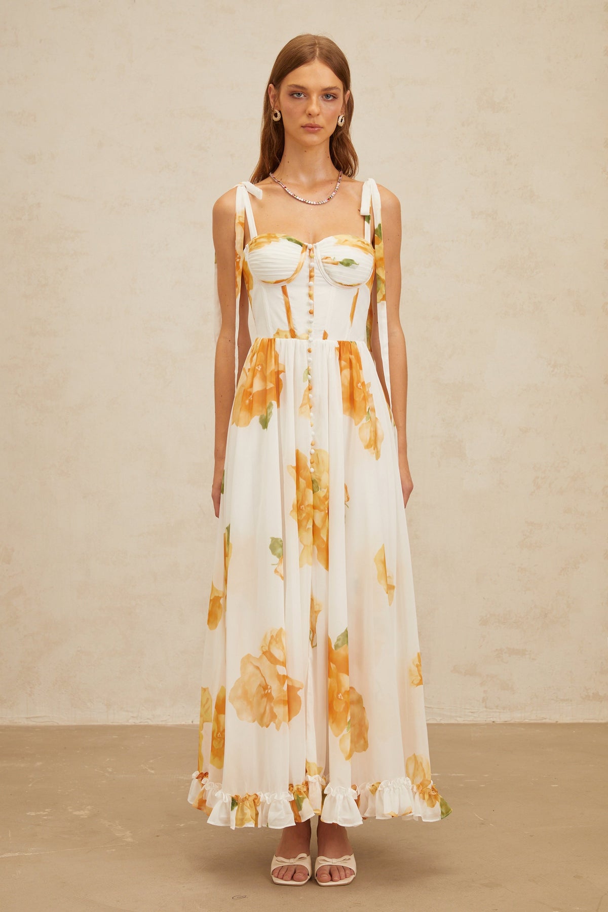 Bérénice White Floral Print Shirred Maxi Dress