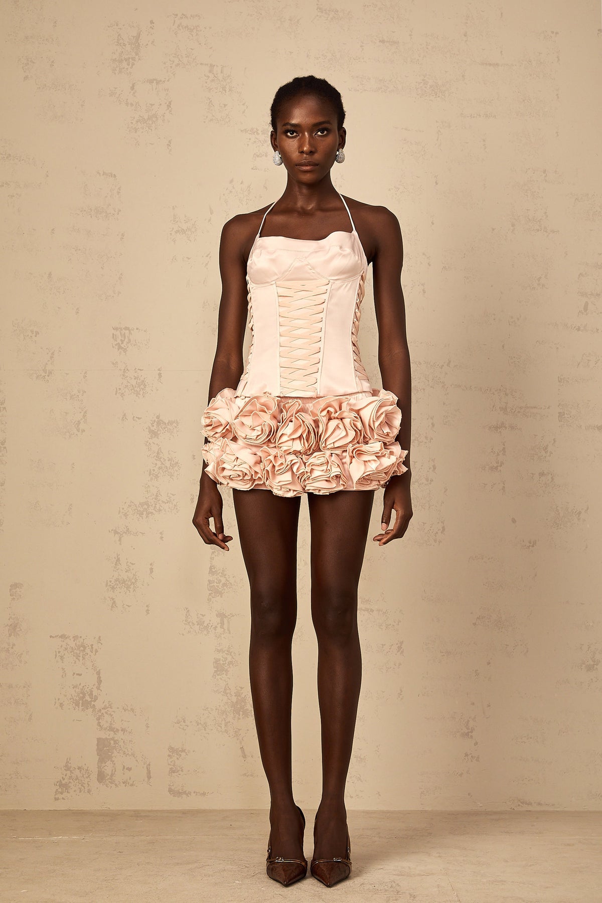 Jeanne pink faux-flower lace-up top & skirt matching set (Final Sale-US Only)