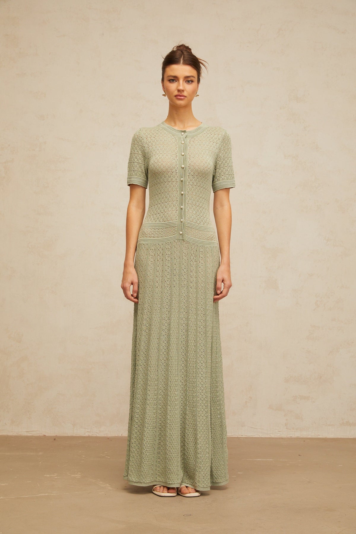 Siena green shirred crochet-knit maxi dress