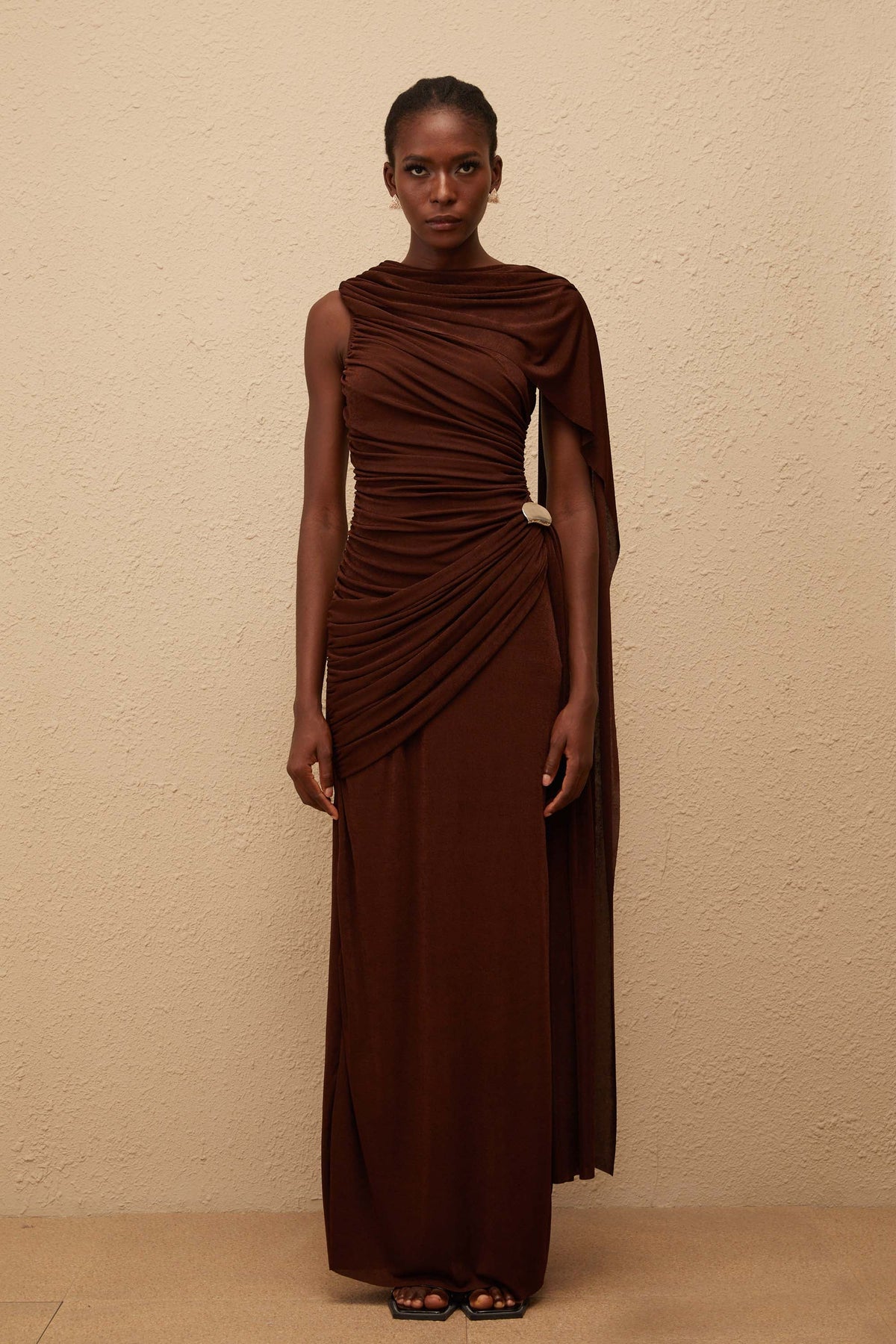 Paloma Brown Sleeveless Asymmetrical Ruched Knit Maxi Dress
